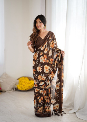 RAJESHWAR FASHION Floral Print, Printed Daily Wear Chiffon Saree(Brown)