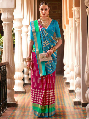 ANOUK Printed Ikkat Silk Blend Saree(Pink)