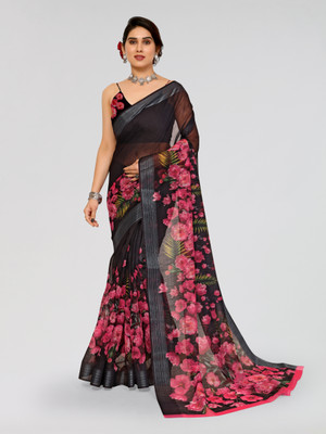 Divastri Embellished, Floral Print, Digital Print Bollywood Cotton Blend Saree(Black)