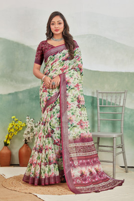 DHARMRAJ ENTERPRISE Digital Print Assam Silk Cotton Linen Saree(Multicolor)