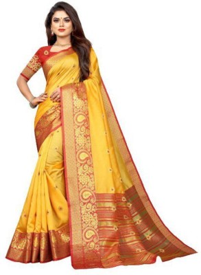 HouseOfCommon Woven Bollywood Jacquard, Chiffon Saree(Pack of 2, Yellow)