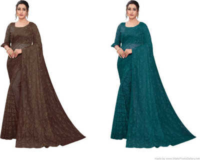 Paanthcreation Self Design Bollywood Net Saree(Pack of 2, Brown, Blue)