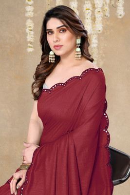 MIRCHI FASHION Solid/Plain, Embellished Daily Wear Silk Blend Saree(Maroon)