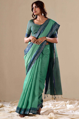 all about you Embroidered Bollywood Cotton Blend Saree(Green)
