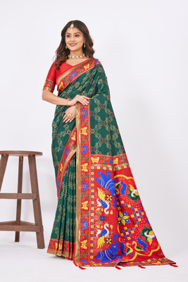 Heirlooms Woven, Floral Print, Self Design, Temple Border Paithani Pure Silk Saree(Purple)