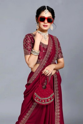 DESTY Embroidered Banarasi Pure Silk Saree(Maroon)