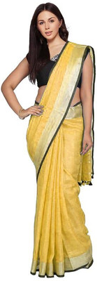 GR Handloom Solid/Plain Bhagalpuri Handloom Cotton Linen Saree(Yellow)