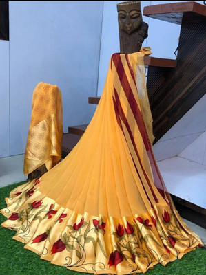 Bombey Velvat Fab Printed, Solid/Plain Hand Batik Mulmul, Chiffon Saree(Orange)
