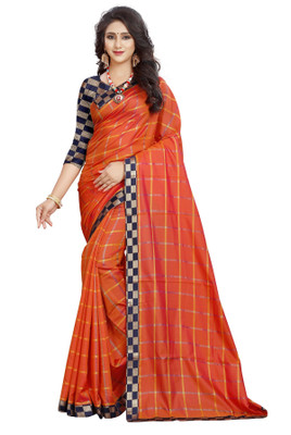 JS Clothing Mart Checkered Banarasi Silk Blend Saree(Orange)
