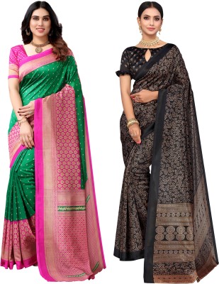 SIRIL Floral Print, Geometric Print, Printed Kanjivaram Silk Blend Saree(Pack of 2, Green, Black)