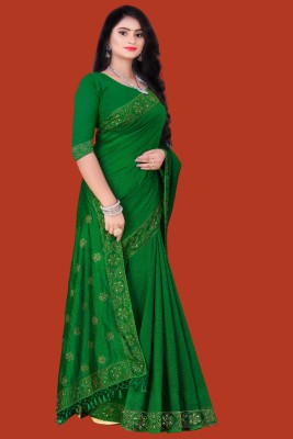 Rudra Fab Woven Maheshwari Georgette, Lace Saree(Green)