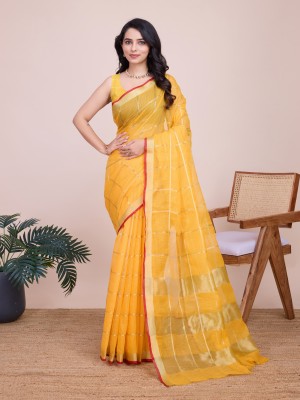 Upalksh Woven, Printed, Solid/Plain, Striped Banarasi Jacquard, Cotton Blend Saree(Yellow)