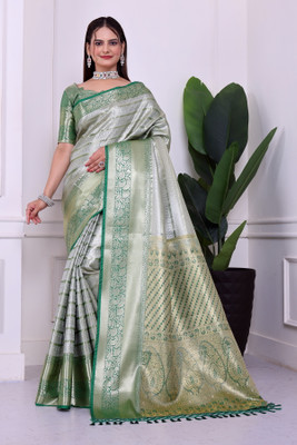 SHREE NATH CREATION Woven Dharmavaram Cotton Blend Saree(Green, Gold)