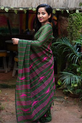 Bhadra Shopping Store Woven Handloom Handloom Pure Cotton Saree(Dark Green)