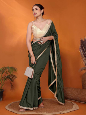 KURTAKULTURE Solid/Plain Bollywood Cotton Blend Saree(Dark Green)