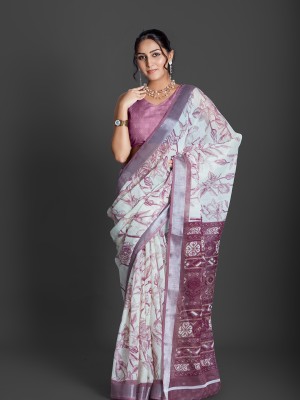 A V M PRINTS Floral Print Bollywood Cotton Blend Saree(Purple)