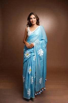 HouseOfCommon Floral Print Bollywood Cotton Blend Saree(Blue)