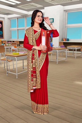Feminista Printed, Solid/Plain Daily Wear Georgette, Silk Blend Saree(Red)