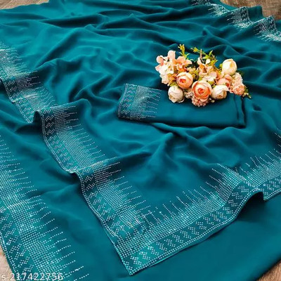 pari creation Embellished, Self Design, Solid/Plain Bollywood Georgette Saree(Light Blue)