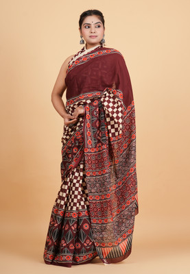 Krishna Creation Printed Handloom Pure Cotton Saree(Brown)