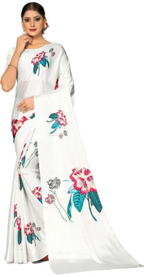 AVANSHEE Printed, Floral Print Bollywood Satin Saree(White)