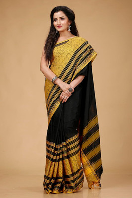 ADbutiq Color Block Tant Handloom Cotton Blend Saree(Black, Yellow)