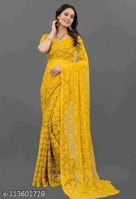BRAHMANI TEXTILE Embroidered Bollywood Net Saree(Yellow)