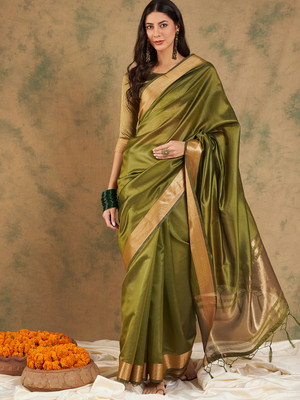 Sangria Woven Saree with Attached Blouse Organza Saree(Green)