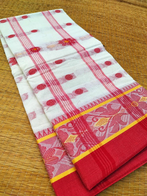 Bikash Dutta Fashion Self Design Tant Pure Cotton Saree(White)