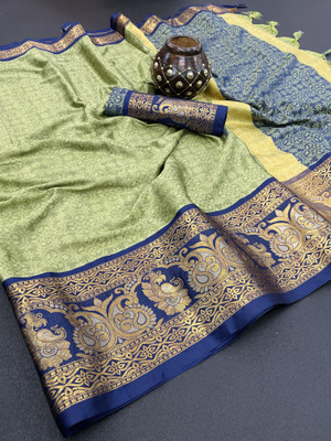 GEETABA FASHION Woven Dharmavaram Silk Blend Saree(Yellow)