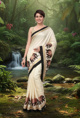 Gugaliya Printed Manipuri Cotton Blend, Art Silk Saree(Cream)