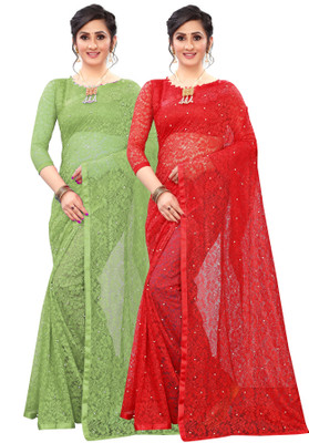 LOROFY Embellished Bollywood Net Saree(Pack of 2, Multicolor)