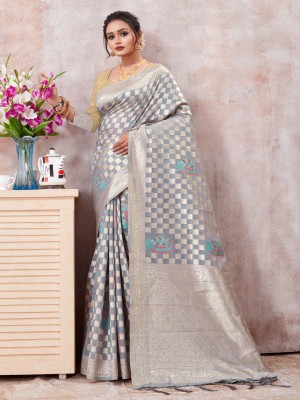 BUNAWAT Woven Banarasi Cotton Blend Saree(Grey)