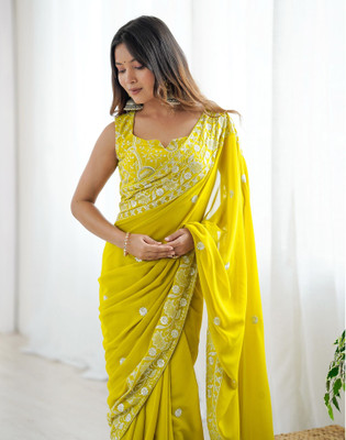 Satrani Embroidered, Embellished Bollywood Georgette Saree(Yellow)
