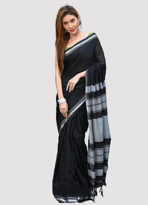 RIDDHIMAN FASHION Striped, Solid/Plain Handloom Cotton Blend Saree(Black)