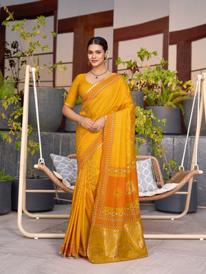 Yogik Creation Floral Print Banarasi Cotton Blend Saree(Yellow)