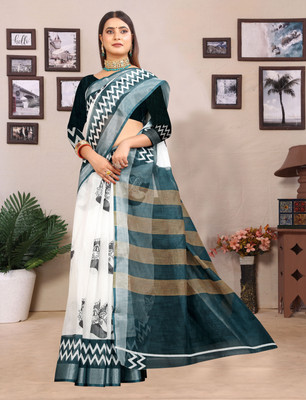 HangerStories Printed Kanjivaram Pure Cotton, Cotton Linen Saree(White, Black)