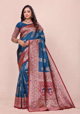 FashionZonee Embellished, Woven Paithani Pure Silk Saree(Blue)