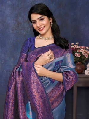 SARETRA MALL Embellished, Self Design, Woven Banarasi Silk Blend, Jacquard Saree(Blue)