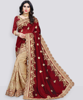 b bella creation Embroidered Bollywood Silk Blend, Art Silk Saree(Maroon, Cream)
