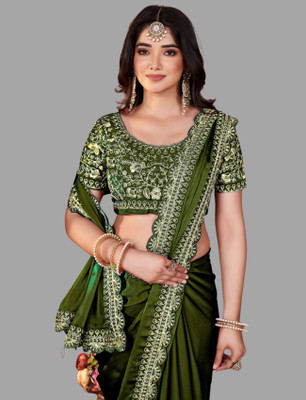 DHARMEE Embellished, Self Design, Solid/Plain, Applique, Woven, Embroidered Bollywood Silk Blend, Lace Saree(Light Green)