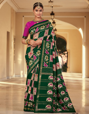 Samah Blocked Printed, Geometric Print, Printed Patola Art Silk Saree(Green, Pink, Multicolor)