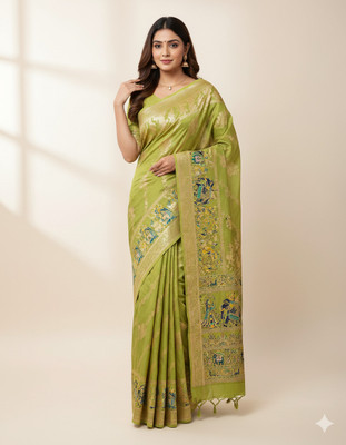 KALIPATRA Woven, Temple Border, Solid/Plain Baluchari Art Silk Saree(Yellow)