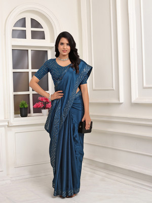 Pionex Embroidered, Solid/Plain Bollywood Chiffon Saree(Blue)