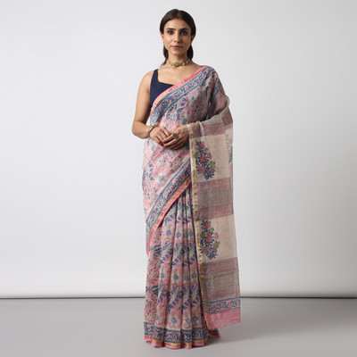 MOORA Printed Chanderi Cotton Silk Saree(Pink, Blue)