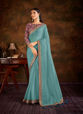 ArronCreats Solid/Plain, Striped Bollywood Organza Saree(Light Blue)