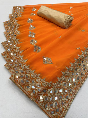 ROSYQUEEN Embroidered Bollywood Georgette Saree(Mustard)