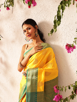 SILK ZONE Woven Banarasi Silk Blend Saree(Yellow)