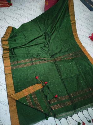SAYAN CREATION Self Design Handloom Pure Cotton Saree(Dark Green)