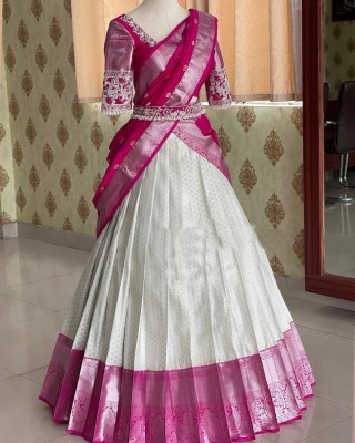oberlo Self Design Semi Stitched Lehenga Choli(White, Pink)